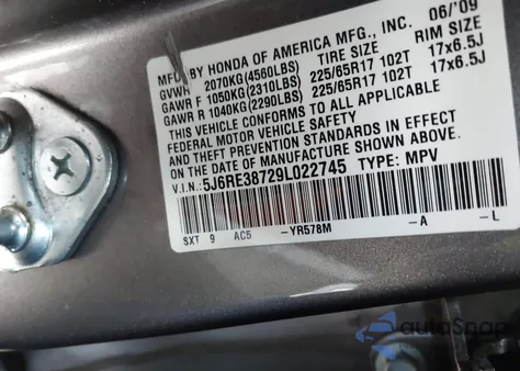 2009 Honda Cr-V Ex-L z USA, uszkodzony, nr VIN 5J6RE38729L022745